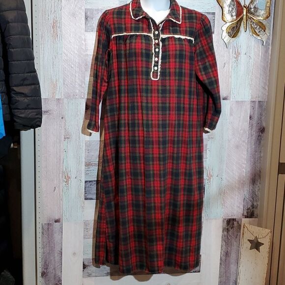 Sleep Sense Portuguese Flannel Red Plaid Long Gown Sz L - Picture 5 of 8
